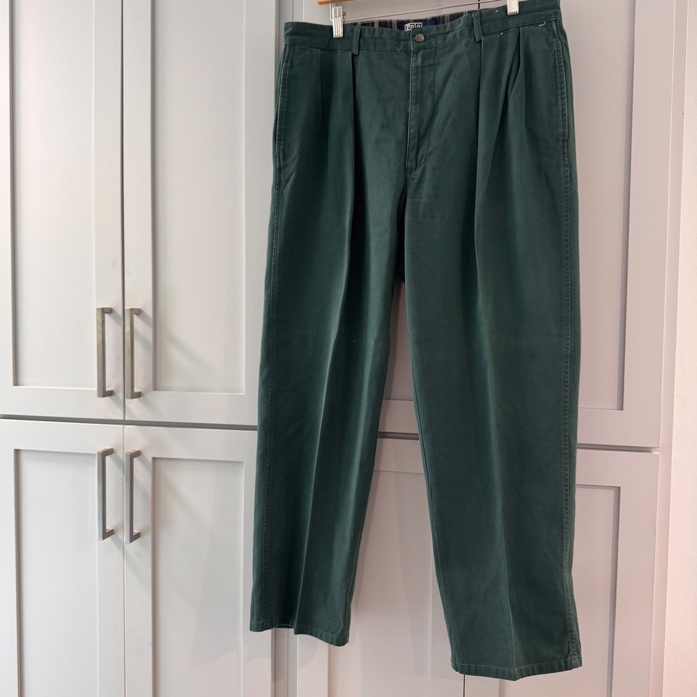 Polo Ralph Lauren Mens Green Pleated Cotton Chinos 36x30 Vintage Shield Logo